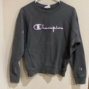 champion crewneck with lavender lettering